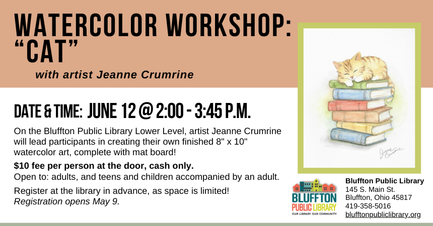 Watercolor of a orange tabby cat sleeping on top of a stack of multicolored books.