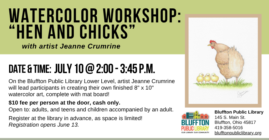 Watercolor of a brown hen with a red comb tending to two yellow chicks.