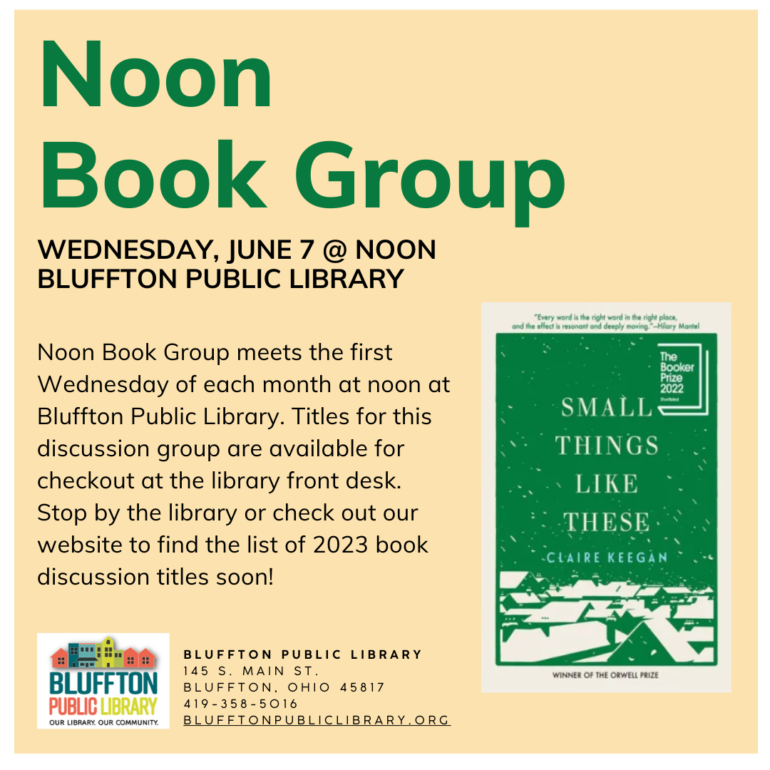 Tan background with emerald green book cover with cartoon image of snow-topped roofs of a village.