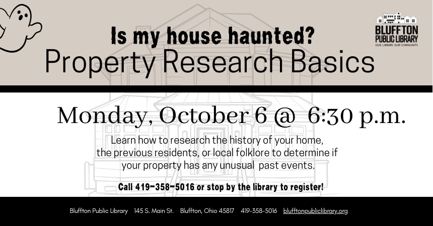 cartoon ghost and black and white library logo; text