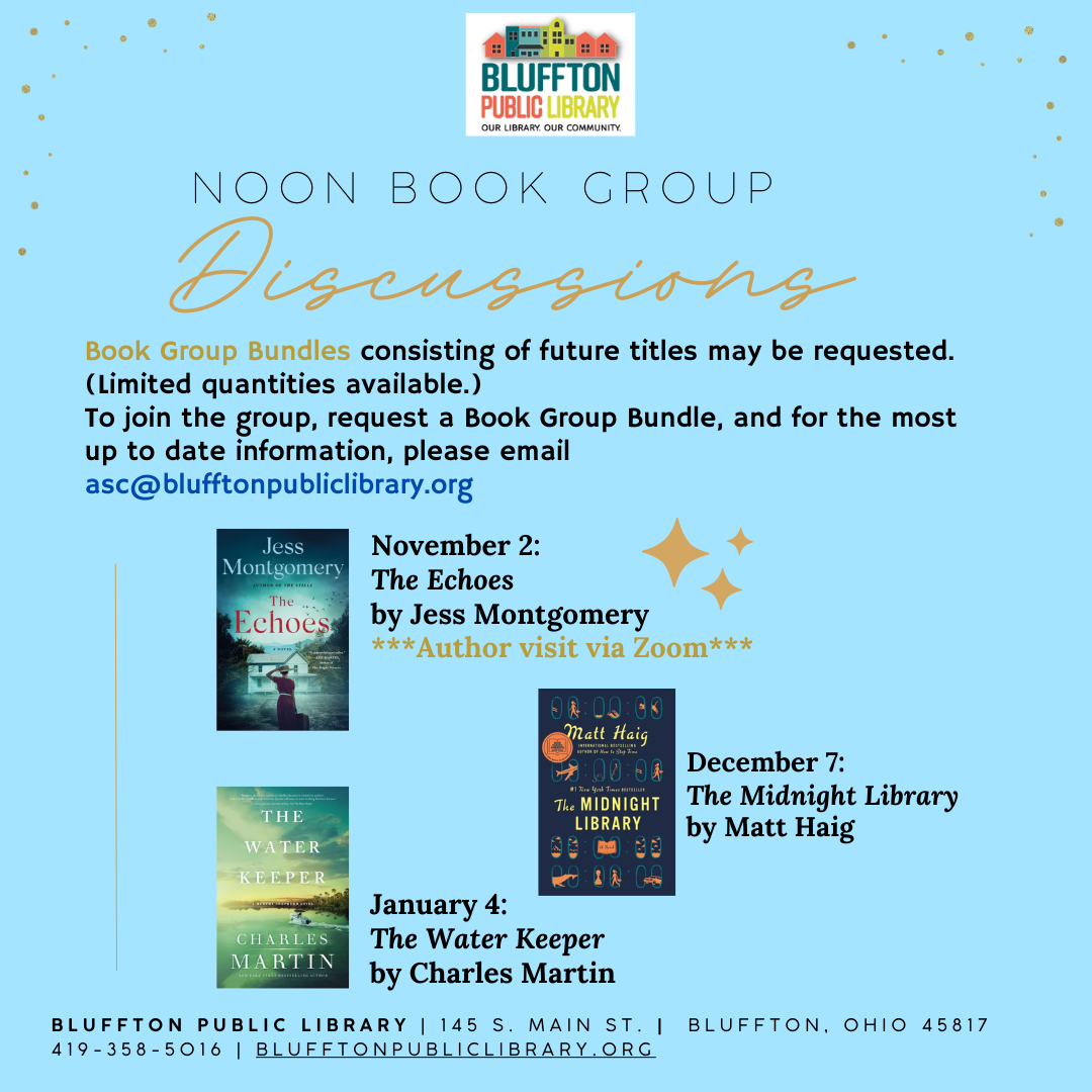 blue background with multicolored library logo and images of book covers