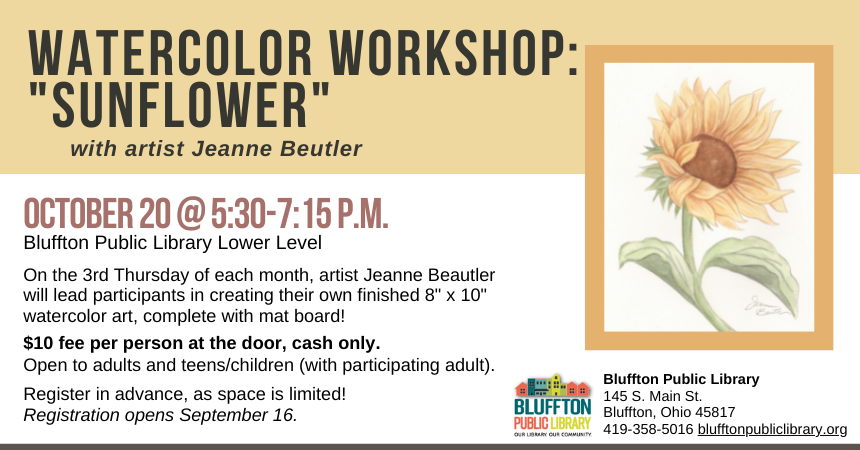 White background with buttery yellow banner across the top and yellow, gold, and green sunflower painting with tan frame.