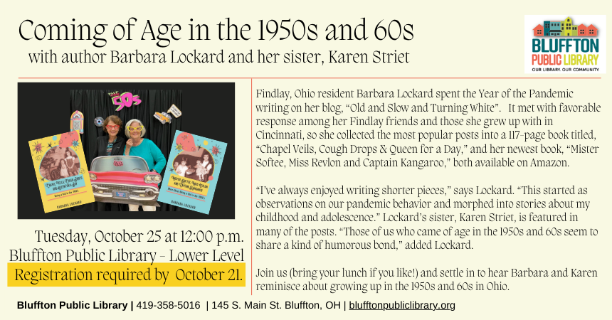 Light yellow background with multicolor library logo and photo of two ladies standing in front of a black screen with 1950s images of juke box, records, etc and 2 book titles.