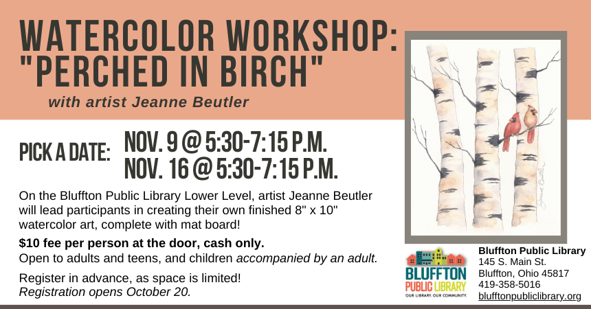 White background with orange bar across top. Watercolor image of a pair of red cardinals on gray and white marked birch trees. Black text.