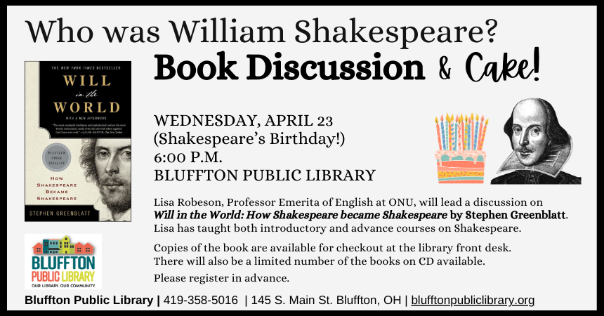 Image of book cover. Image of rendering of William Shakespeare. Colorful graphic of a birthday cake with candles.