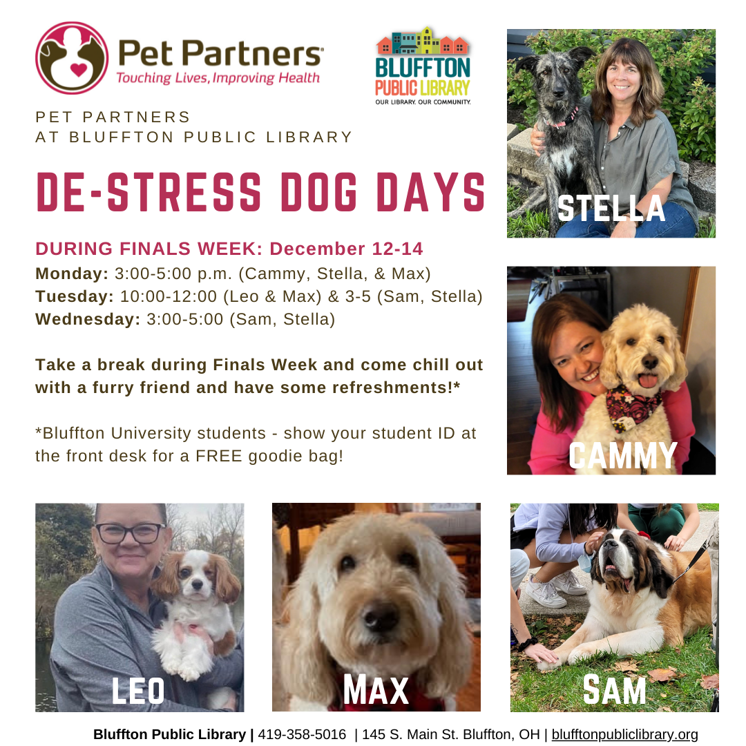 White background with pink and brown Pet Partners logo of dog and cat silhouettes. Multi-colored library logo.  Along the border, 5 photos of dogs and their owners.