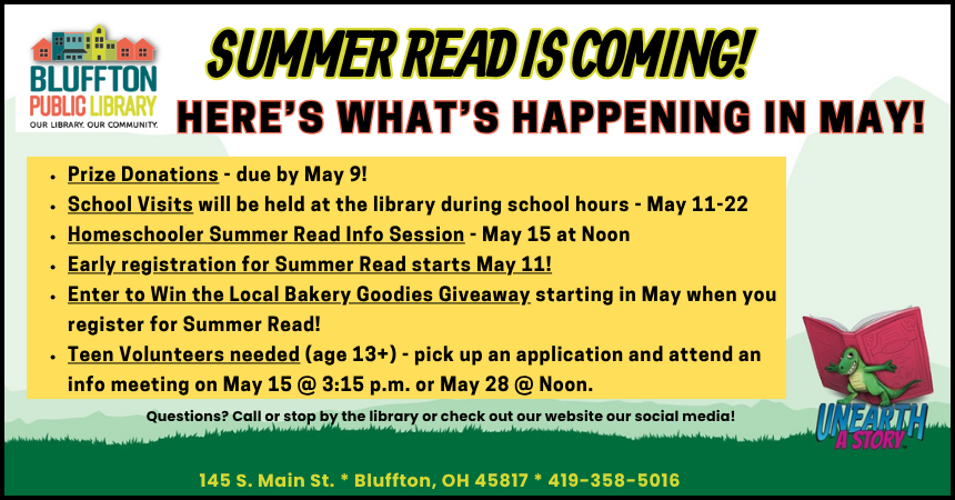 Unearth a story: Summer Read is coming! Get ready to have fun reading and listening to great books, and at our library events this summer! We’re working hard to fill the calendar (and the prize shelves!) with something for every age, and will be in schools this month! We are having Early Registration this year - register starting May 11 at the front desk of the library!