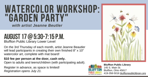 Cornflower blue bar across top of flyer; watercolor image of red bee balm and yellow daisies with green leaves. Insects around the flowers are: a black, yellow, and white caterpillar; two blue dragonflies; a blue and white butterfly; and a yellow butterfly.