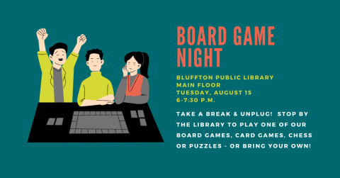 Dark teal background with drawing of 3 kids playing a board game. Orange and Green/yellow text; white text.