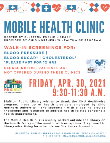 Free Mobile Health Clinic with ONU Healthwise. April 30 from 9:30am to 11:30am