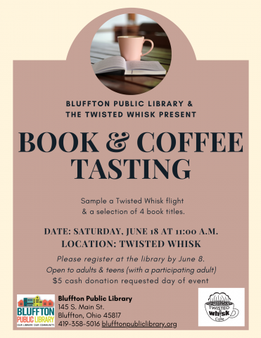 Cream and coffee colored flyer and frame, with image of coffee cup and open book.