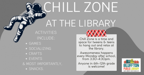 Gray background with dark gray highlights. Cartoon image of an astronaut in a laid-back position. White text. Library Logo