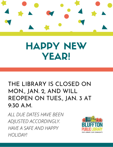 white background with yellow-green, orange and teal green narrow bars and same colored confetti at top of page. Library logo in same colors