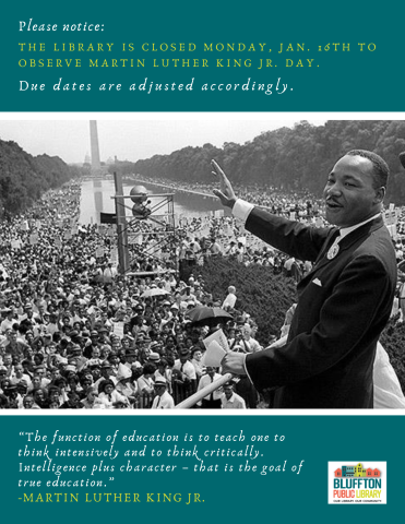 Dark teal borders on top and bottom of flyer; black and white image of MLK Jr.