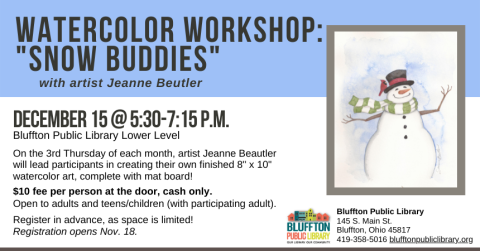 Blue bar at top of flyer, with a gray framed image of a watercolor snowman with a black top hat with a red band, and a perky red cardinal.