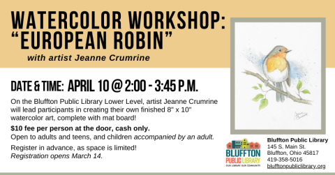 Watercolor image of a European Robin, which has a gray back and head and an orange-red throat and chest and white lower body. The bird sits on a tree branch with a few green leaves. There is a splash and a speckle of blue paint in the background.