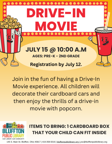 Ombre orange background with cartoon red and white popcorn and beverage cup; Movie-type kiosk with title. Library logo, and black text.