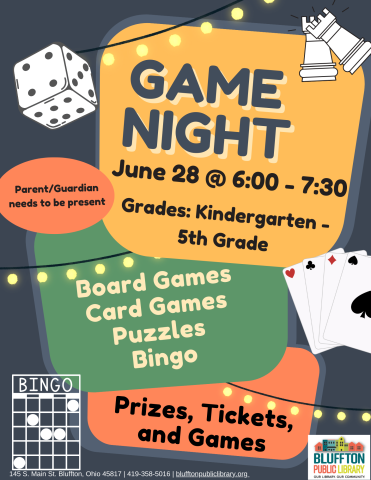 Black background with illustrations of bingo, dice, card games and chess pieces. Various colorful shapes with black and yellow text.