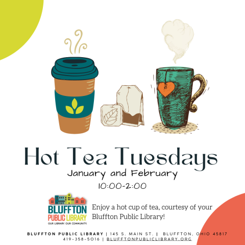 White square background with yellow-green and orange partial circles on corners and cartoon images of a green mug of tea, tea bags, and a takeout cup of tea