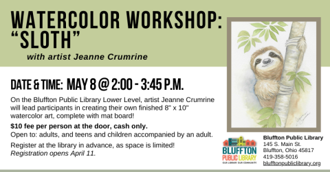 watercolor image of a sloth hanging from a tree