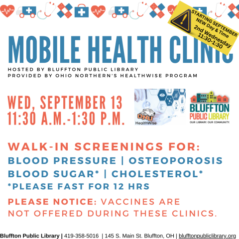 white background with blue and red lettering; rainbow library logo; Yellow banner with new date and times