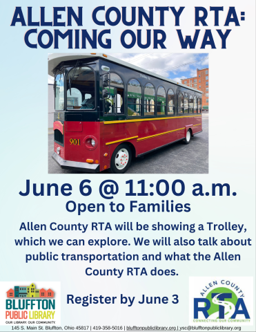 Light blue ombre background with photo of a red trolly bus. Library logo and RTA logo, black and navy blue text.