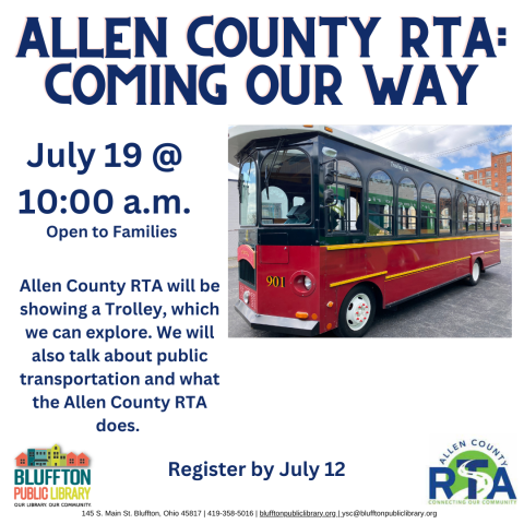 White background with photo of a red trolley car. Library logo and RTA logo. Text in navy blue.