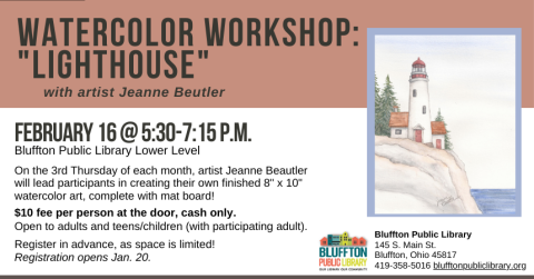 Watercolor of a red roofed cream lighthouse on a gray cliff, backed by green pine trees and overlooking the blue sea. Framed by a blue matt, and title of workshop backed by a red banner across the top. Text below.