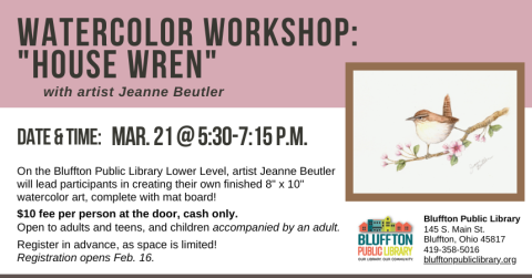 Pink bar across top of white flyer. Watercolor of a brown and white wren perched on a branch. Black text.