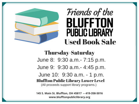 White background with blue frame and drawing of a stack of multicolor books.  Black text