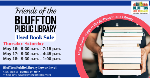 Light blue background with navy blue top and bottom border. Partial red circle in the lower right hand corner framing a photo of a person's hands holding a stack of books. Library logo. Black text.