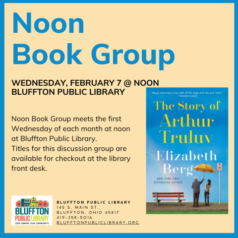 Butter yellow background; sky blue frame and title. Black text. Library logo, and book cover which consists of blue skies, an elderly man and a teen standing next to a red bench.