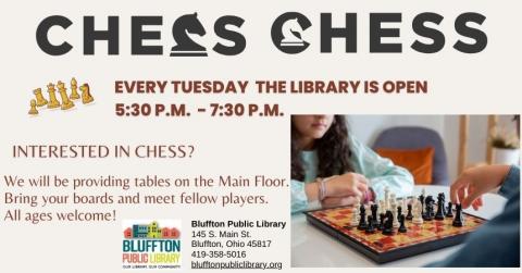 Cream colored background. Image of children playing chess. Brown text. Library Logo.