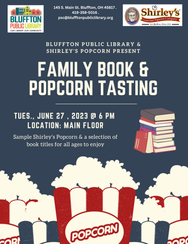 Navy blue background with cartoon popcorn containers at the bottom and stacks of books.  Library logo and Shirley's Popcorn logo; white text