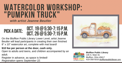 Orange block at top of flyer with black title. White background of flyer with black description text. Image of water color painting of an orange truck with orange pumpkins in the back of it.