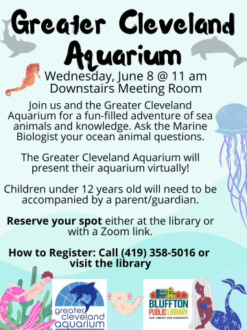 Text on aqua colored background with sea creature art