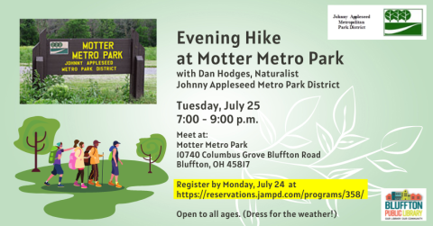 Ombre green background with cartoon images of people walking on an outdoor path; photo of Motter Metro Park signage. Library logo, Johnny Appleseed Metro Park District logo. Black text