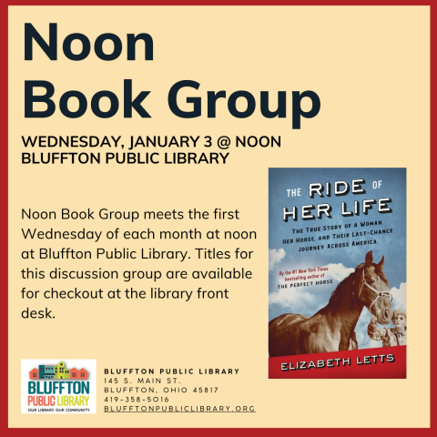 Cream colored background with red frame. Photo of book picturing a brown horse, woman, blue sky in the background with white clouds. Red foreground with author's name. Flyer has black text describing the program.