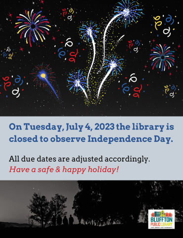 Black sky background with many colorful fireworks. Light blue color block with red, blue, and white text.