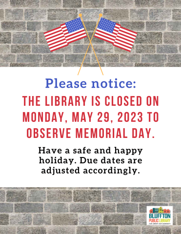 Background of a gray brick wall with two United States flags at the top. Library logo at the bottom. White box across middle of the page with red, blue, and black text.