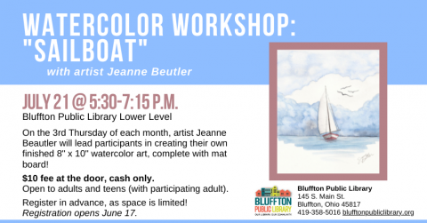 Cornflower blue banner with name of program, watercolor sailboat in blues and browns.