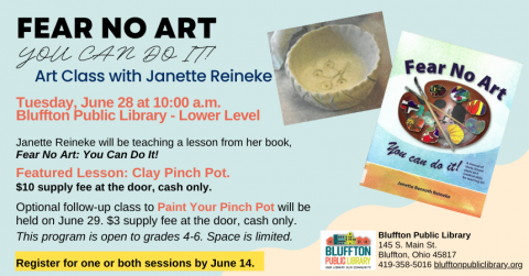 Text on aqua colored background with book cover portraying art supplies