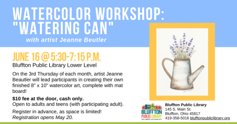 Cornflower blue banner at top with title, image of watercolor watering can bordered in yellow