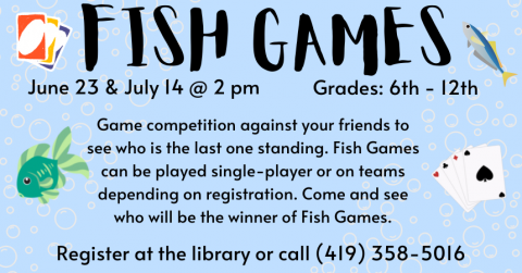 Blue background with green fish and game cards