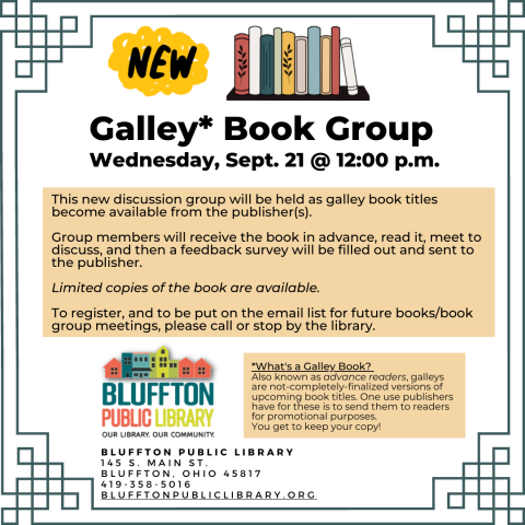 Yellow "New!" and multicolored shelf of books, library logo and text