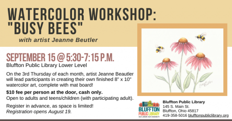 Buttery Yellow title bar and mat around watercolor painting of pint flowers with yellow and black bees