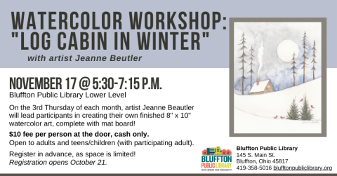 Dusty purple banner across top of flyer, image with snowy winter scene with pine trees, cabin and moon and pine trees and red cardinals in foreground.