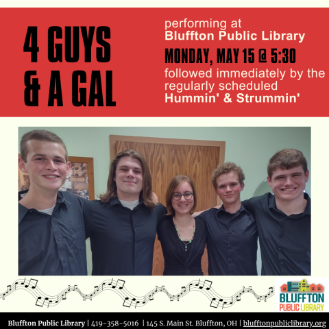 Red block cross top of flyer, with black and white text; Photo of young people on lower half of flyer; black musical notes and bar at bottom of flyer; library logo