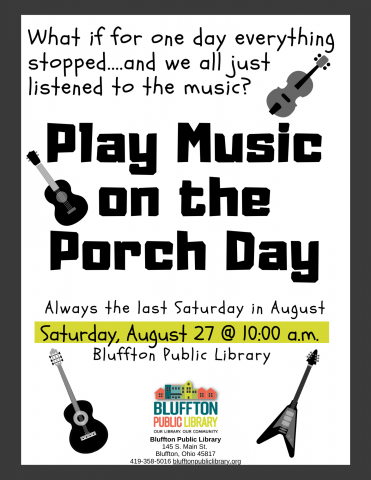 White background, black frame, with black silhouettes of musical instruments. 