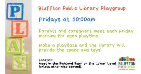 Stack of children's wooden alphabet blocks spelling out the word "Play". Text in orange, blue, green and black. Library logo.